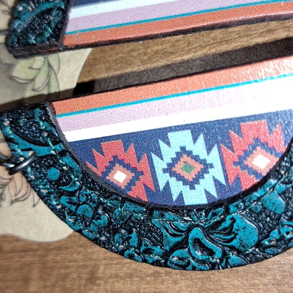 Justin Boots Turquoise Floral Leather Hoop Earrings with Aztec Inlay - Picture 2 of 3